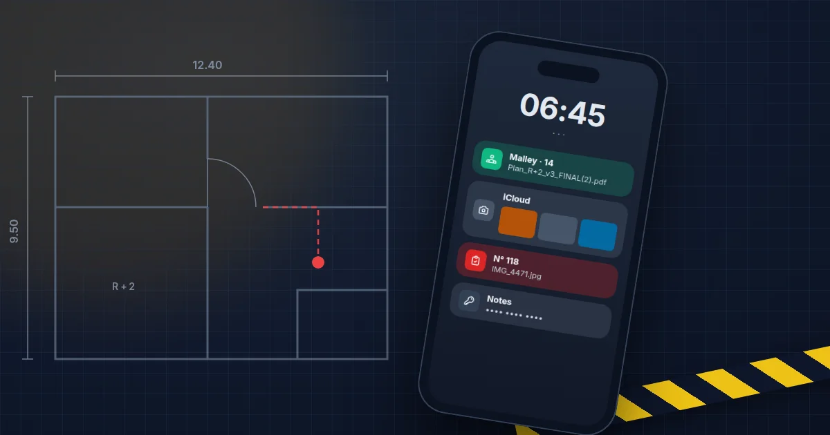 Téléphone de chef de chantier posé sur un plan, avec des notifications de chantier